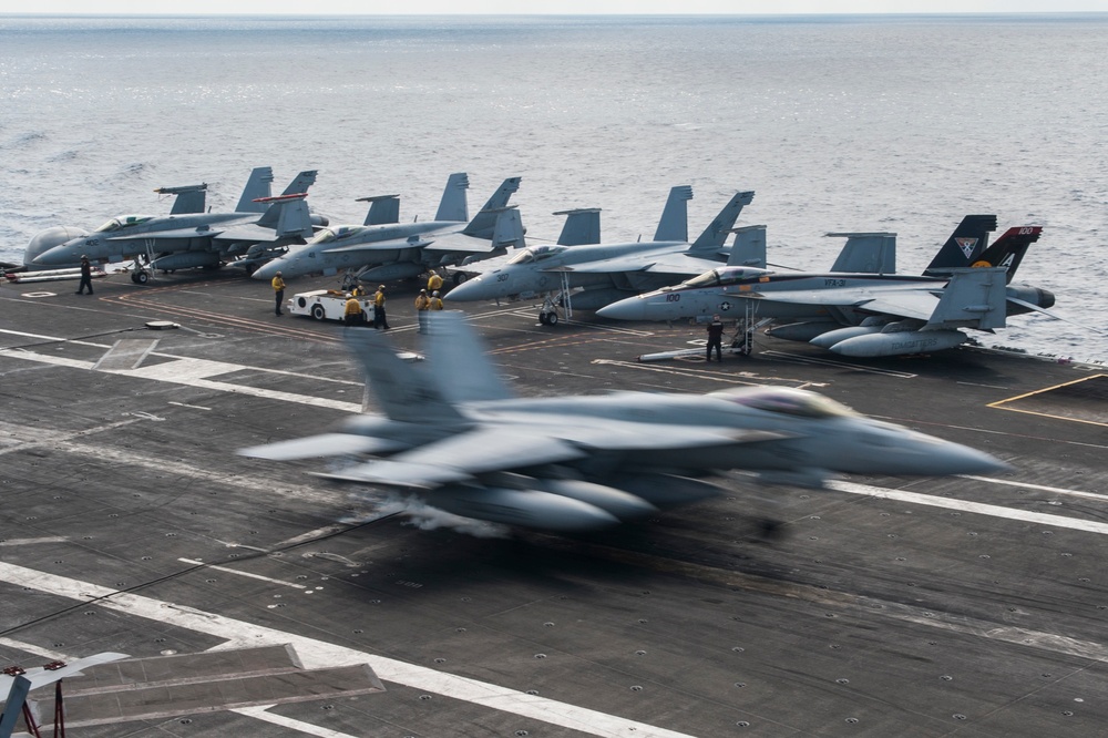 The aircraft carrier USS George H.W. Bush (CVN 77). GHWB is currently conducting Tailored Ship's Training Availability and Final Evaluation Problem (TSTA/FEP). TSTA prepares the ship and crew for full integration into a carrier strike group through a wide