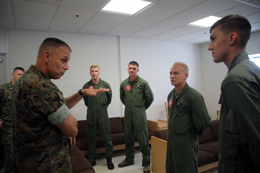 2nd MAW commanding general visits Marine Corps Auxiliary Landing Field Bogue, conducts pre-deployment brief with VMA-231 Marines