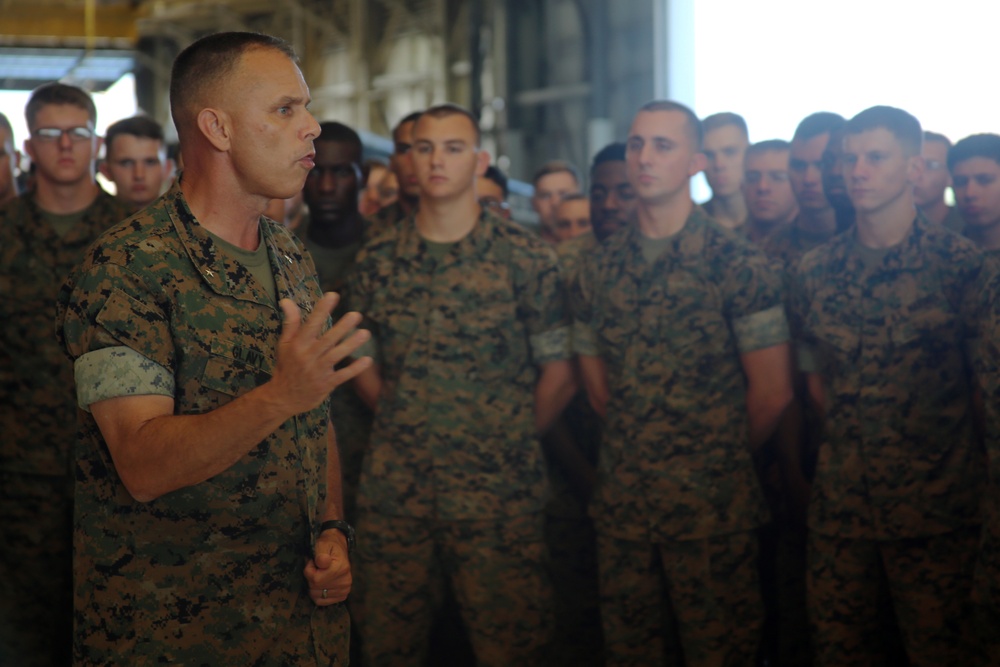 2nd MAW commanding general visits Marine Corps Auxiliary Landing Field Bogue, conducts pre-deployment brief with VMA-231 Marines