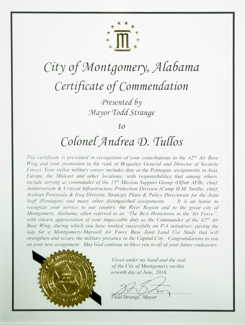 City of Montgomery Honors Col Andrea Tullos