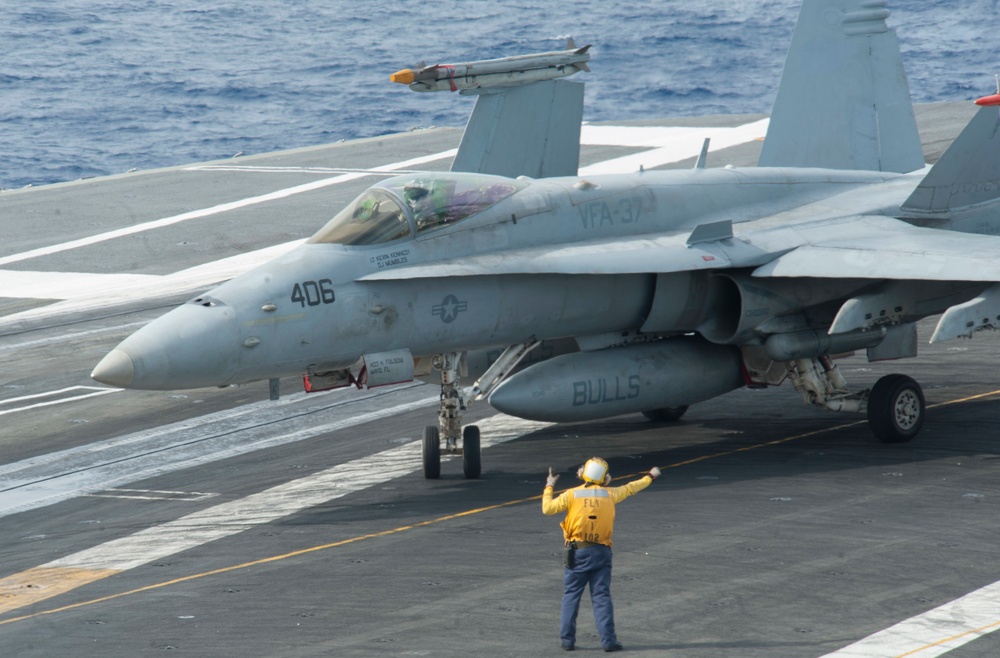 The aircraft carrier USS George H.W. Bush (CVN 77). GHWB is underway conducting routine training and qualifications for a 2017 deployment.