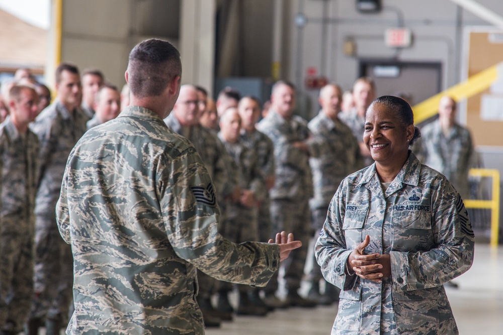 AMC Command Chief Frey talks with Airman at Rosecrans
