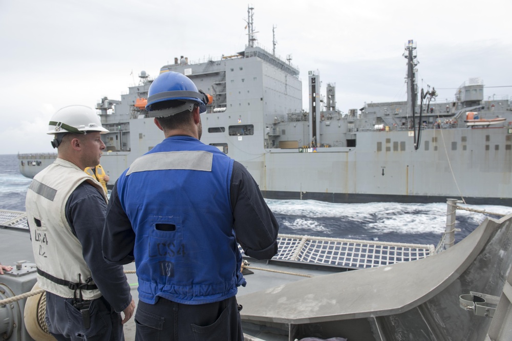 USS Coronado (LCS 4) conducts underway replenishment with USNS Richard E. Byrd.