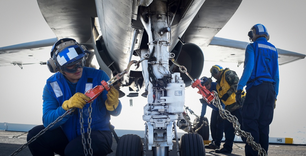 Nimitz Sailors Secure Aircraft