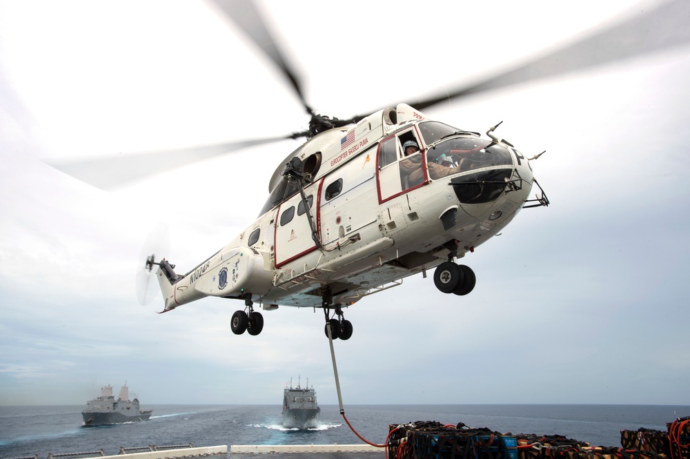 USS Bonhomme Richard (LHD 6) conducts replenishment at sea