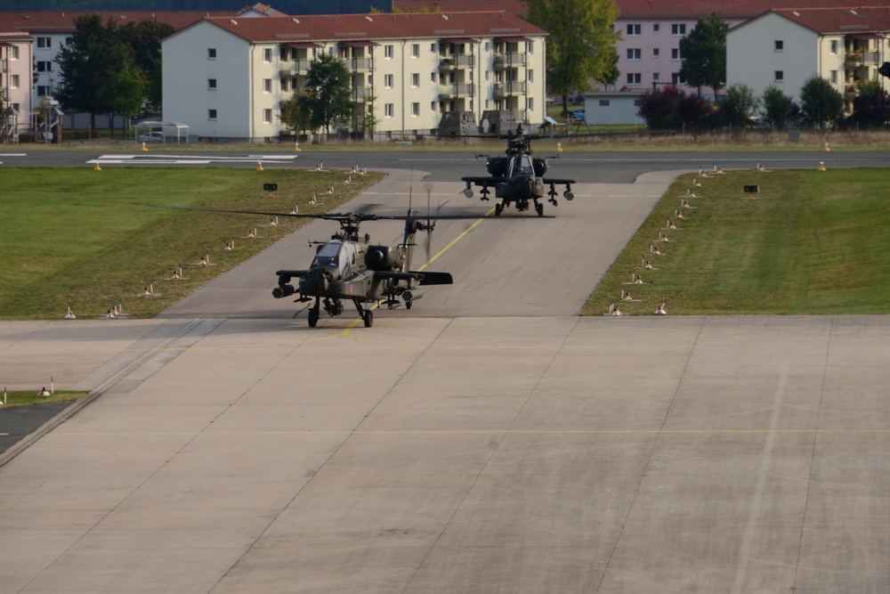 A U.S. Army company of Apache helicopters from 1st Battalion, 3rd Aviation Regiment (Attack Reconnaissance) return from Exercise Allied Spirit V