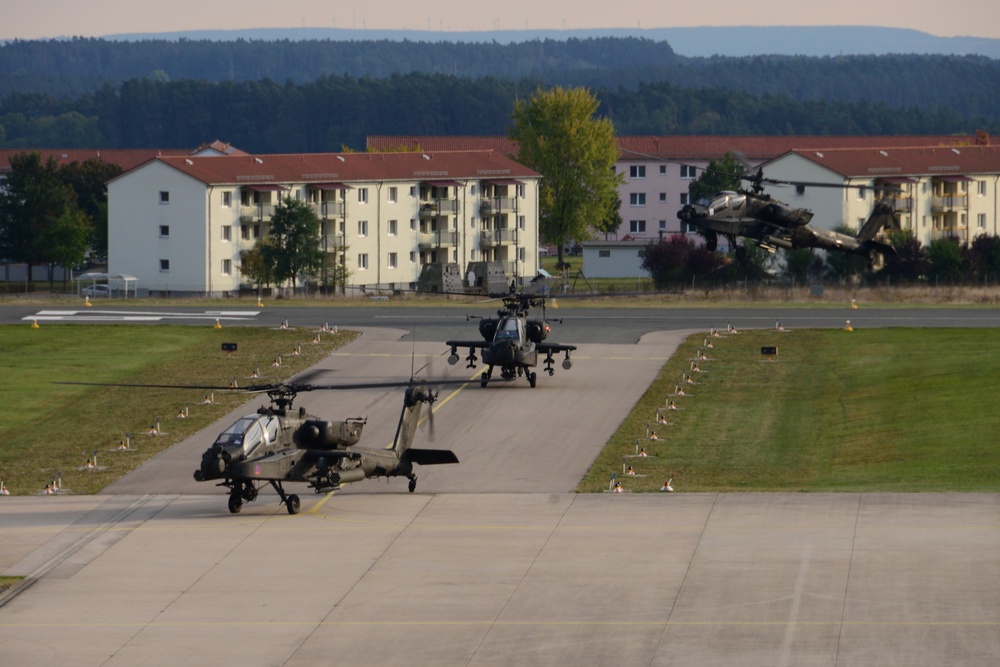 A U.S. Army company of Apache helicopters from 1st Battalion, 3rd Aviation Regiment (Attack Reconnaissance) return from Exercise Allied Spirit V