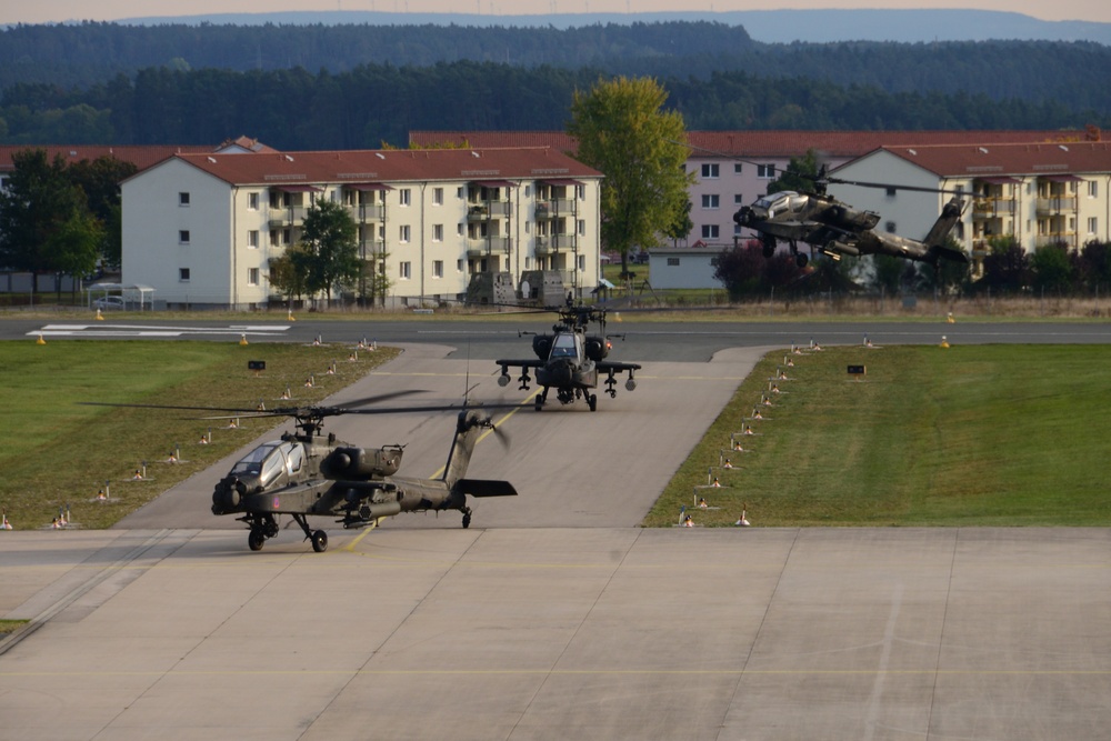 A U.S. Army company of Apache helicopters from 1st Battalion, 3rd Aviation Regiment (Attack Reconnaissance) return from Exercise Allied Spirit V