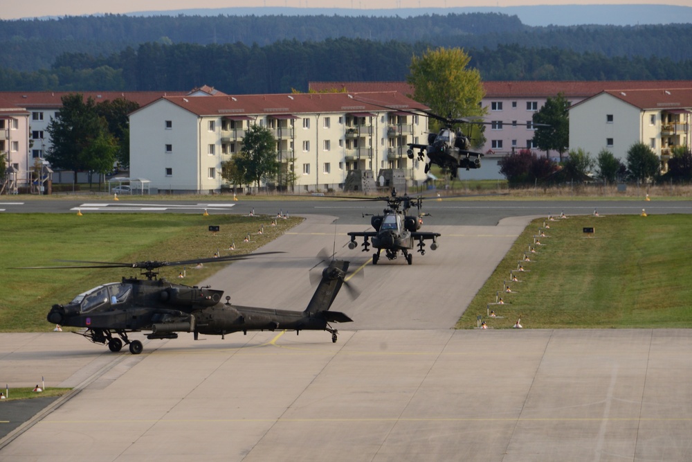 A U.S. Army company of Apache helicopters from 1st Battalion, 3rd Aviation Regiment (Attack Reconnaissance) return from Exercise Allied Spirit V