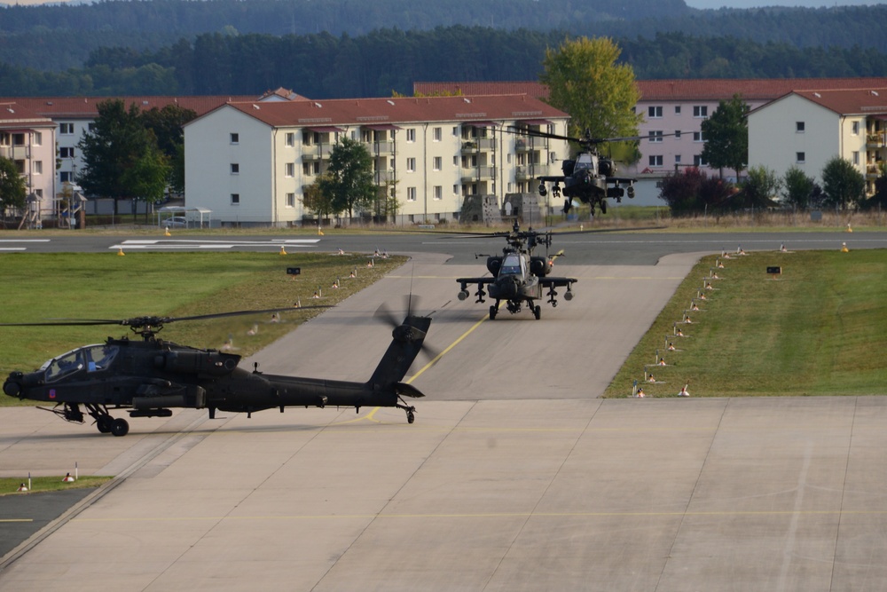 A U.S. Army company of Apache helicopters from 1st Battalion, 3rd Aviation Regiment (Attack Reconnaissance) return from Exercise Allied Spirit V