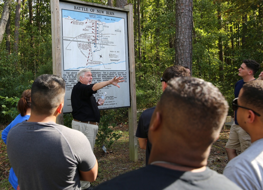 Marines with Marine Air Control Group 28 conduct professional military education at the New Bern Battlefield site