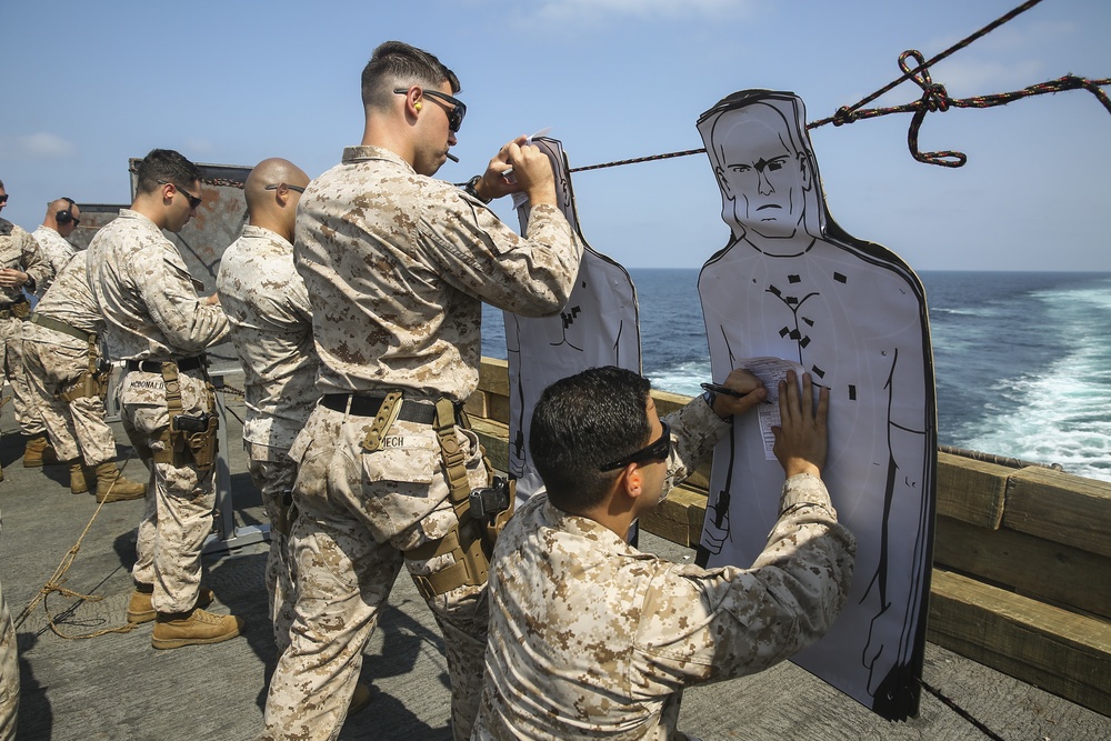 22nd MEU Conducts Pistol Qualification Aboard USS Whidbey Island