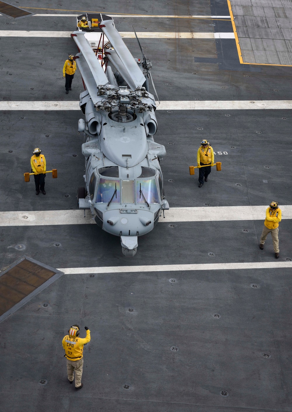 Sailors Move MH-60S on the Flight Deck