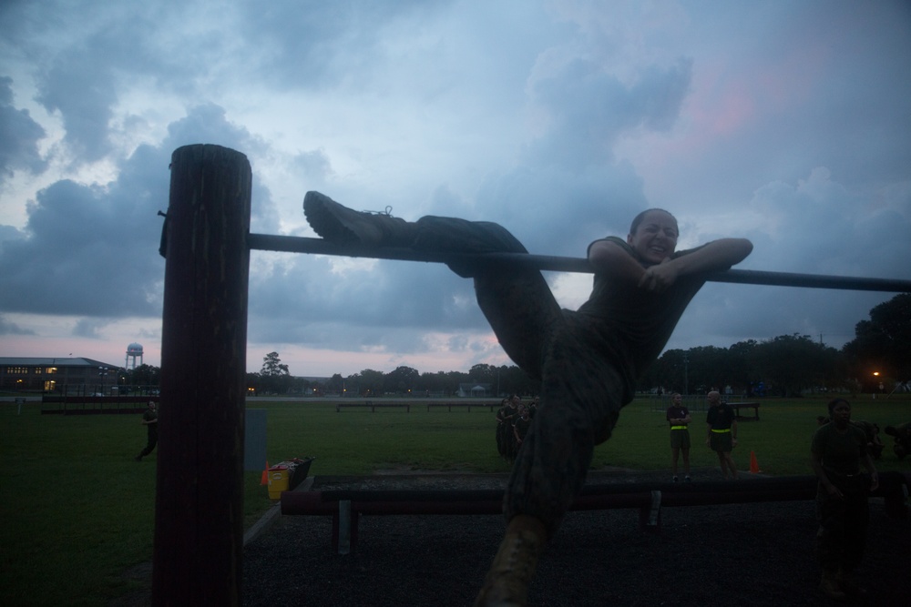 Marine recruits build strength during physical training on Parris Island