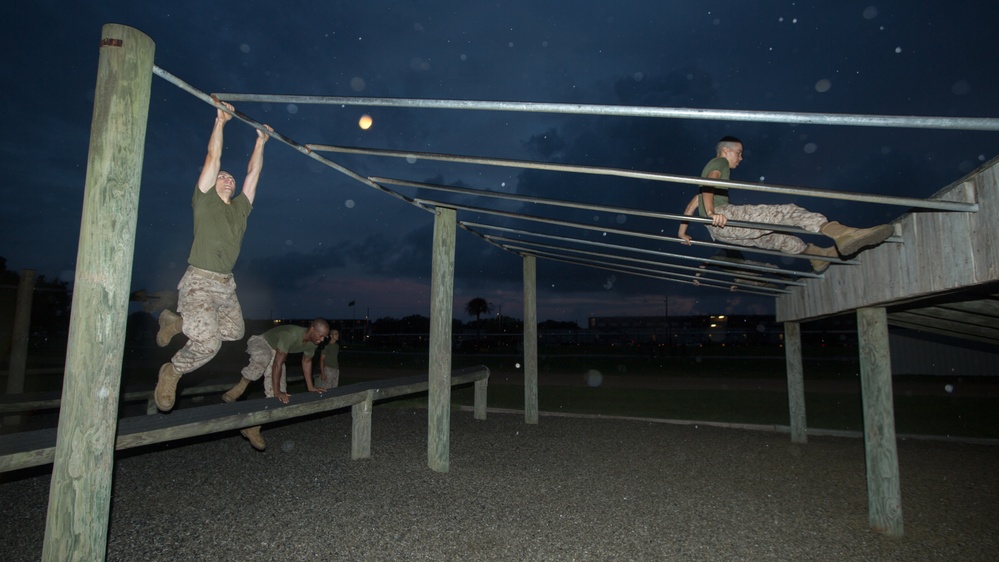 Marine recruits build strength during physical training on Parris Island