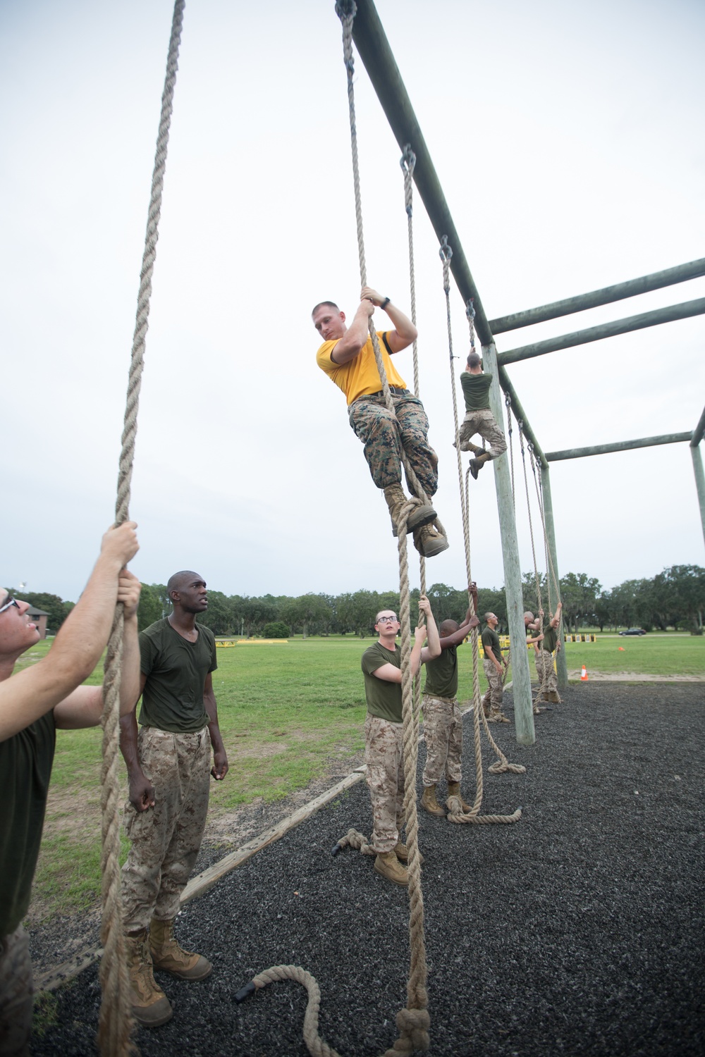 Marine recruits build strength during physical training on Parris Island