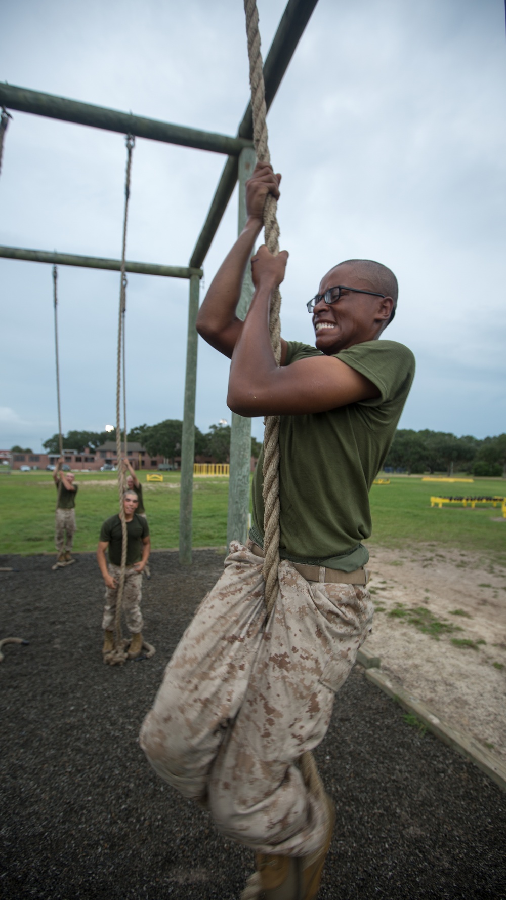 Marine recruits build strength during physical training on Parris Island