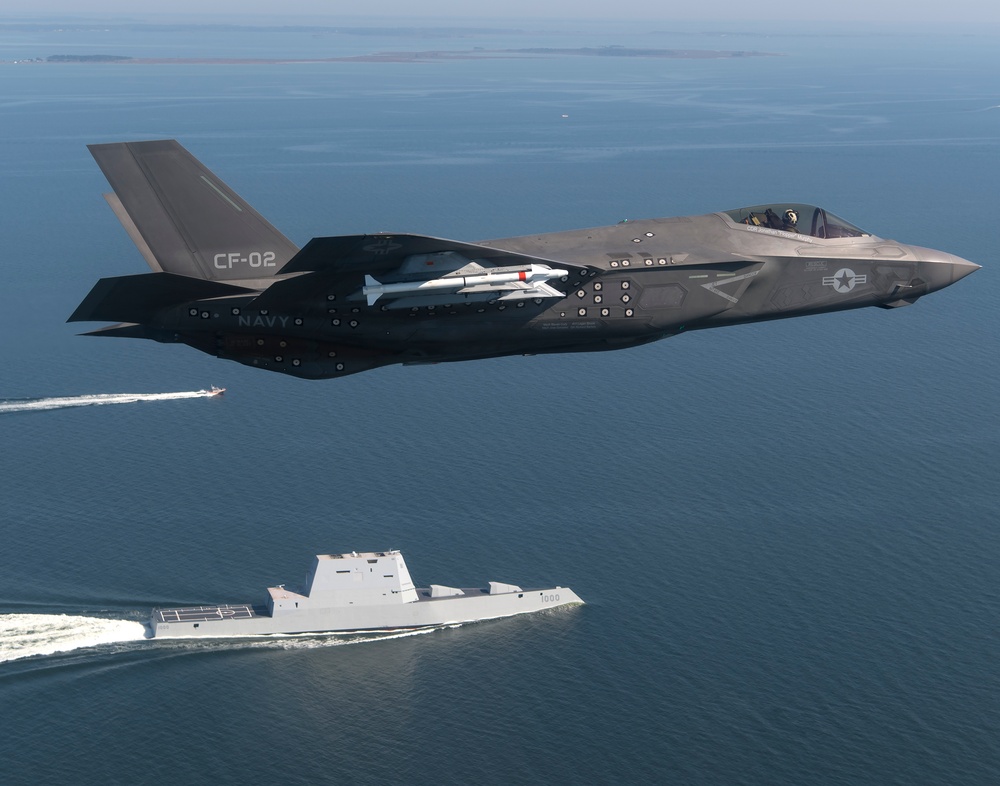 Navy's Next Gen F-35 Stealth Strike Fighter Flies Over Next Gen Stealth Guided-Missile Destroyer, USS Zumwalt (DDG 1000)