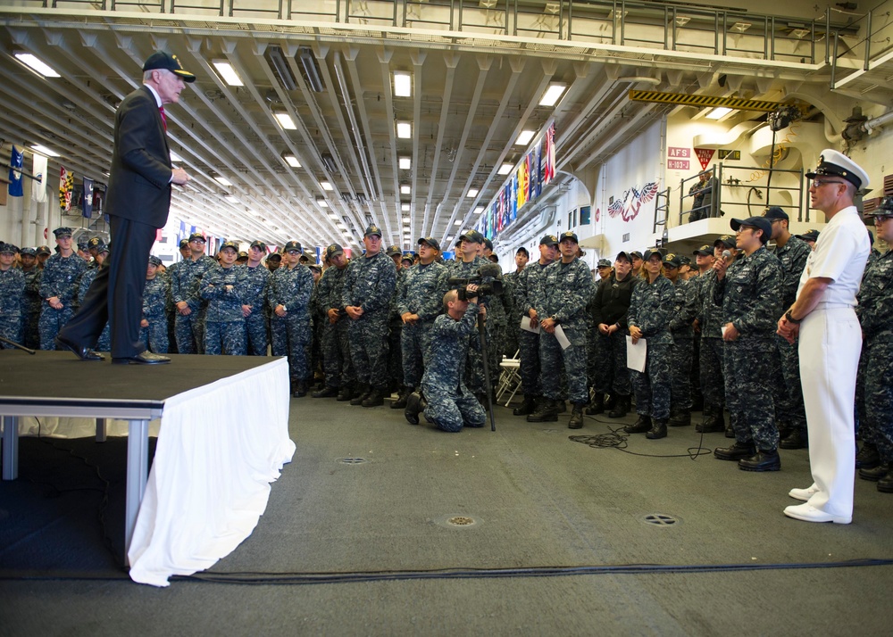 SECNAV speaks on board USS America.