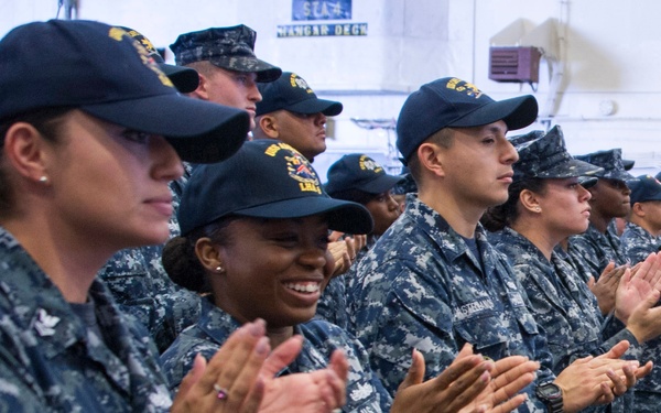 SECNAV speaks on board USS America.
