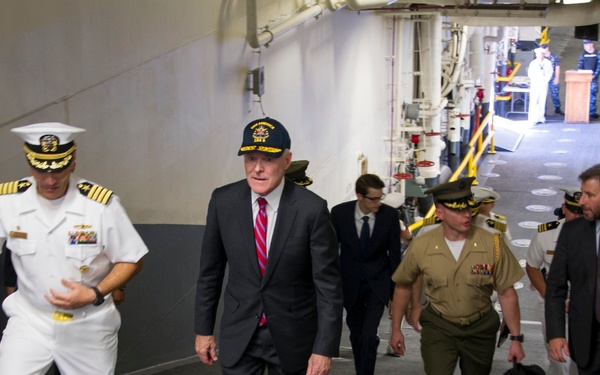 SECNAV speaks on board USS America.