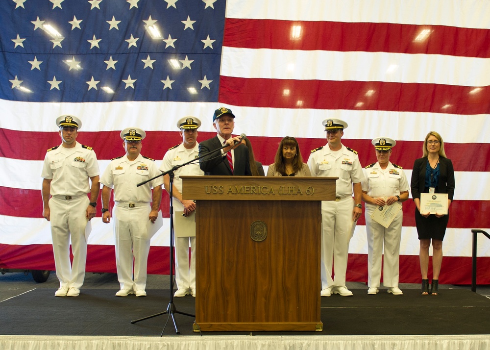 SECNAV holds all hands call on USS America