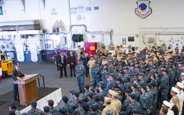 SECNAV speaks on board USS America.
