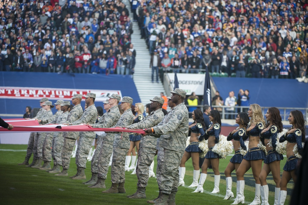 US, UK service members project partnership at NFL game in London
