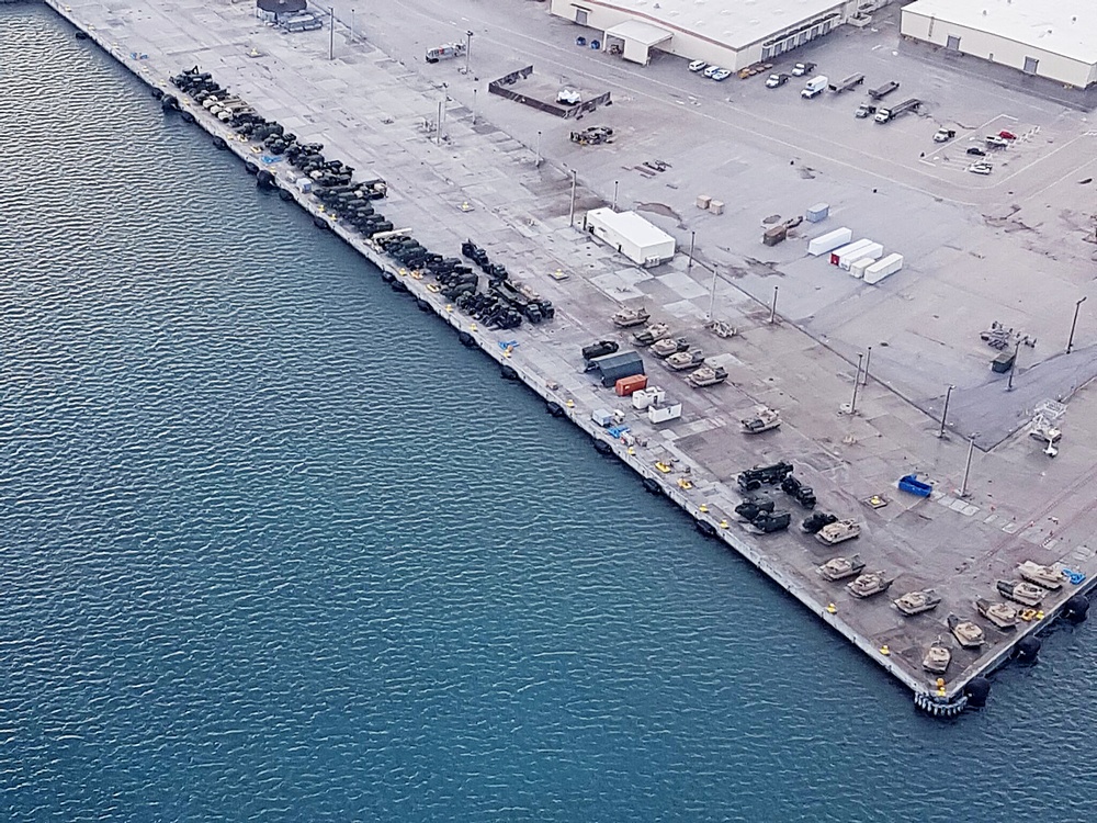Marines land in Apra Harbor to offload tanks, equipment