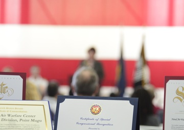 Certificates on display during the 70th anniversary ceremony at Point Mugu