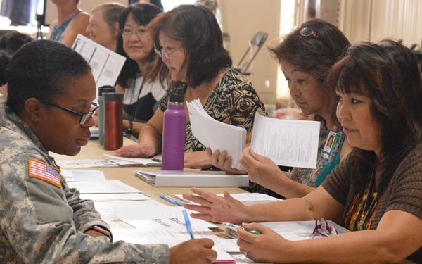 A military service member in U.S. Army digital camouflage uniform is seated at a table across from a civilian woman who appears to be reviewing documents, suggesting a job fair or career counseling event. In the background, multiple similar one-on-one consultations are taking place at adjacent tables. A sign in the upper right corner references 'Resume Review' and 'HiringOurHeroes.org', confirming this is a veteran employment assistance event.