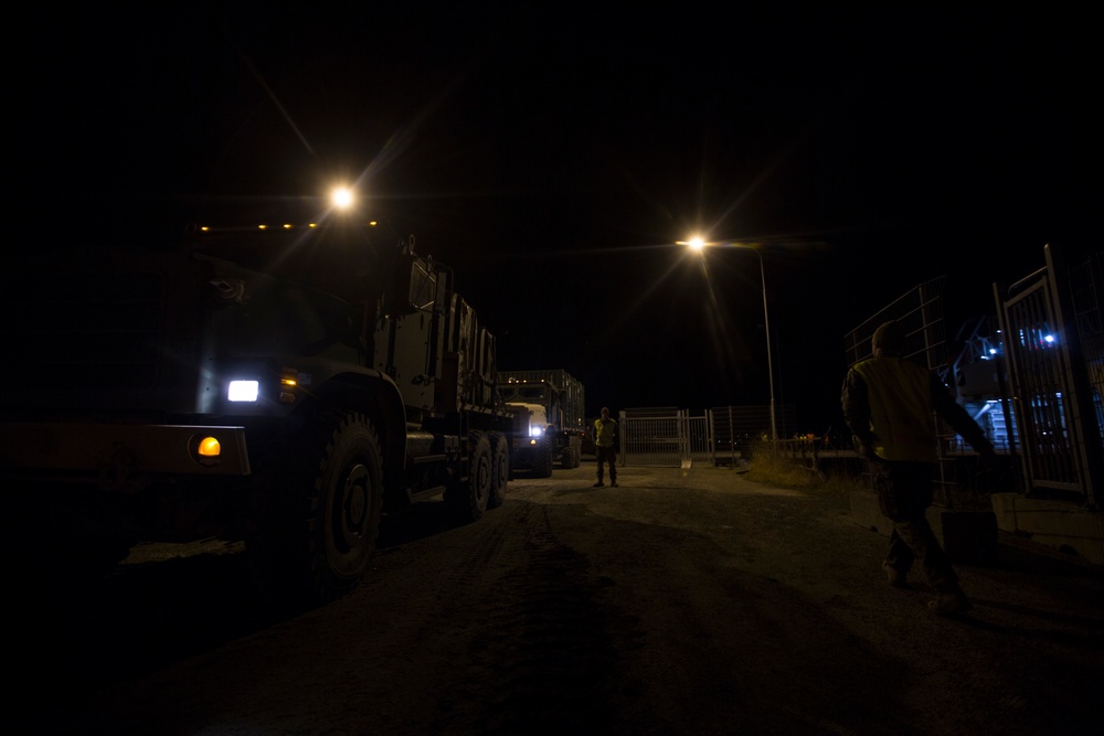 U.S. Marines move equipment from the Marine Corps Prepositioning Program for Exercise Reindeer II