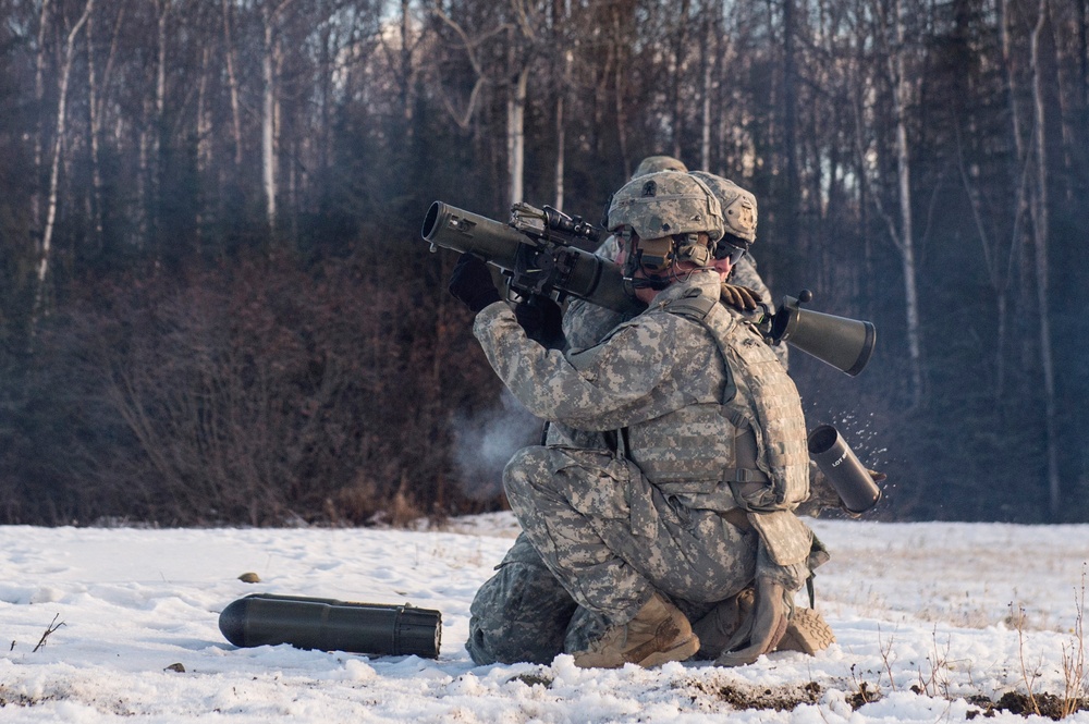 Spartan paratroopers fire the Carl Gustaf 84mm recoilless rifle system
