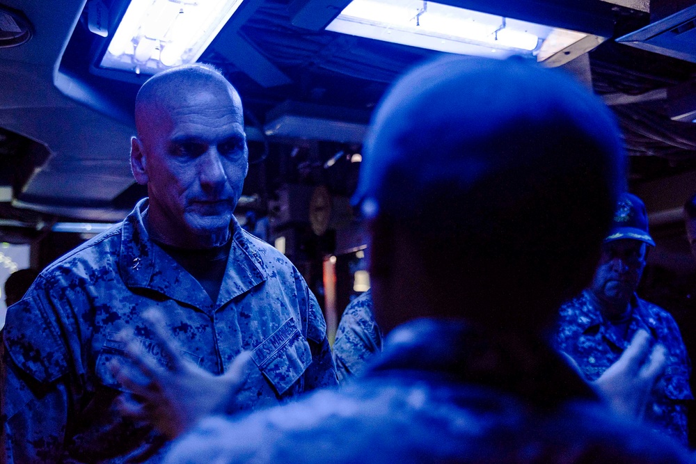 Maj. Gen. Richard Simcock visits with Sailors and Marines aboard USS Green Bay during Blue Chromite 2017