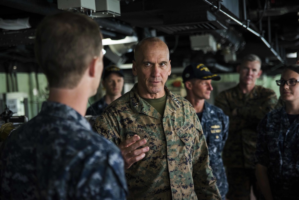 Maj. Gen. Richard Simcock visits with Sailors and Marines aboard USS Green Bay during Blue Chromite 2017