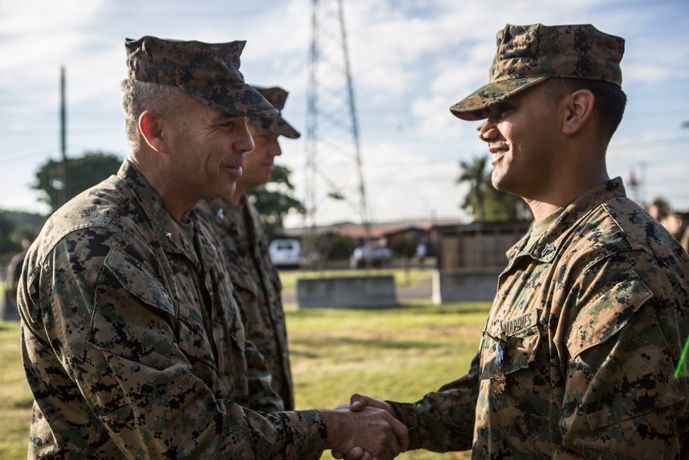U.S. Marine Brig. Gen. Paul Lebidine visits Marines of SPMAGTF-SC in Honduras