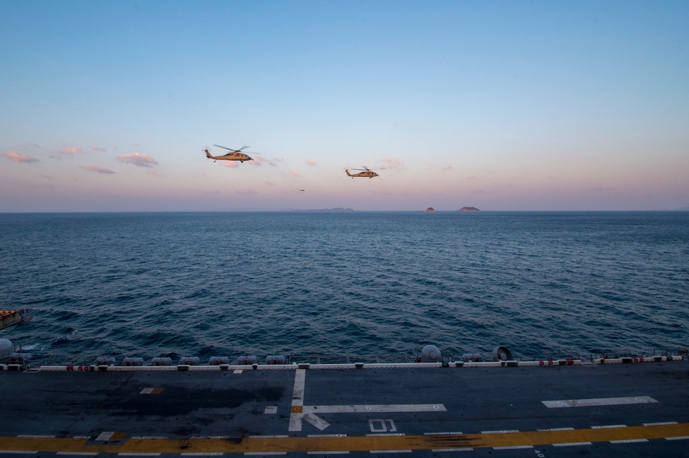 USS Bonhomme Richard (LHD 6) MH60-S Seahawks Fly-By Formation