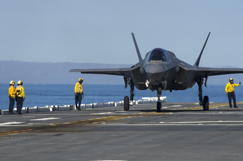 F-35B Lightning II Aircraft land aboard USS America for Developmental Test Phase III