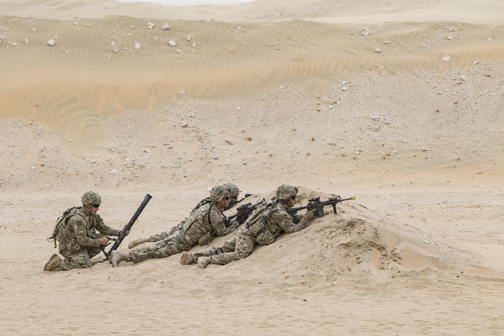 US Infantry Soldiers Assault Through the Desert: Live Fire Exercise