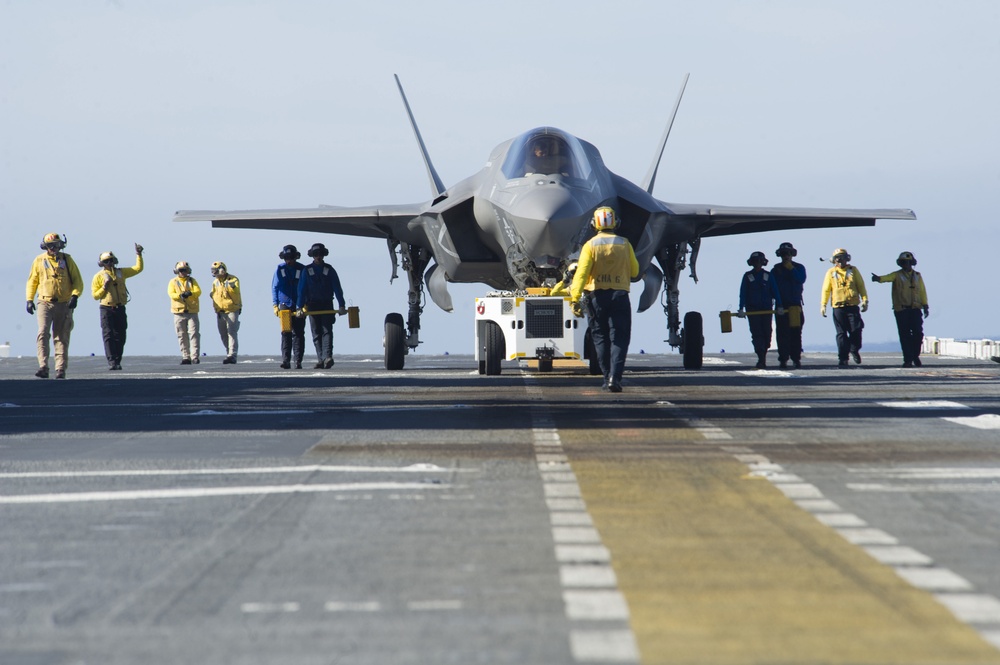 F-35B Lightning II Aircraft land aboard USS America for Developmental Test Phase III