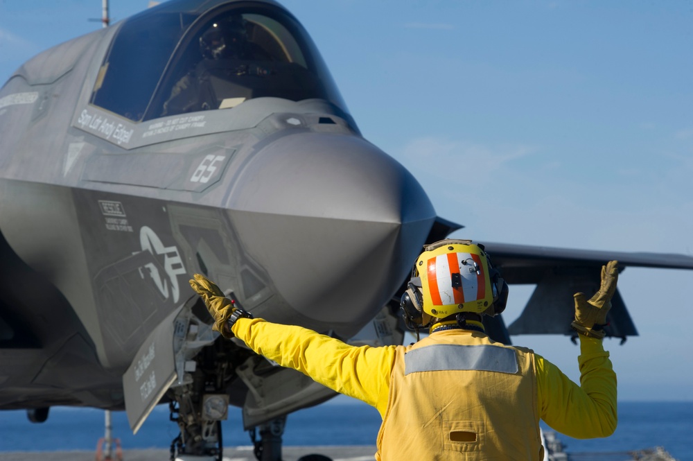 F-35B Lightning II Aircraft land aboard USS America for Developmental Test Phase III