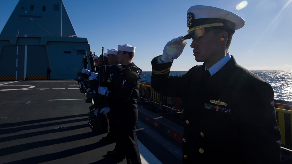 USS Zumwalt Sailors conduct burial at sea