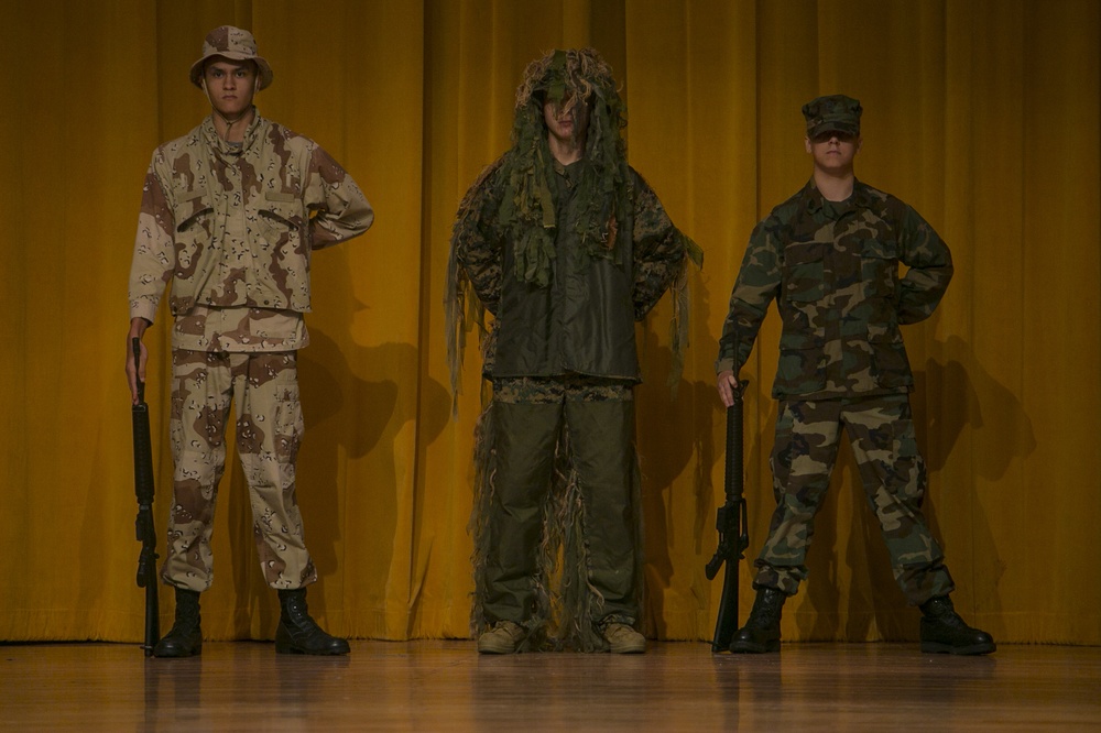 Kubasaki High School Junior Reserve Officer Training Corps cadets participate in Marine Corps uniform pageant