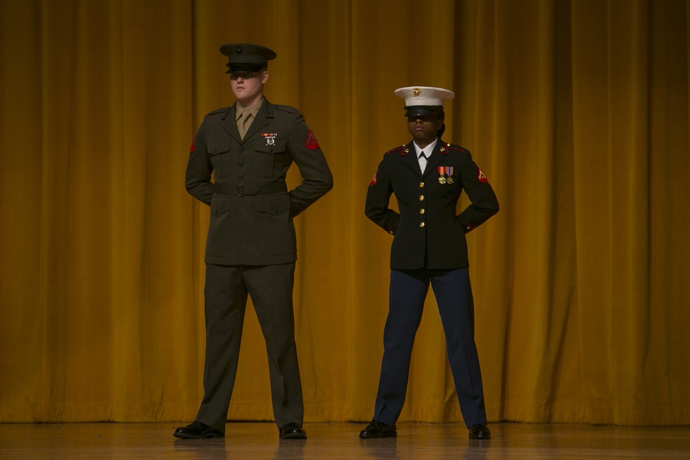 Kubasaki High School Junior Reserve Officer Training Corps cadets participate in Marine Corps uniform pageant