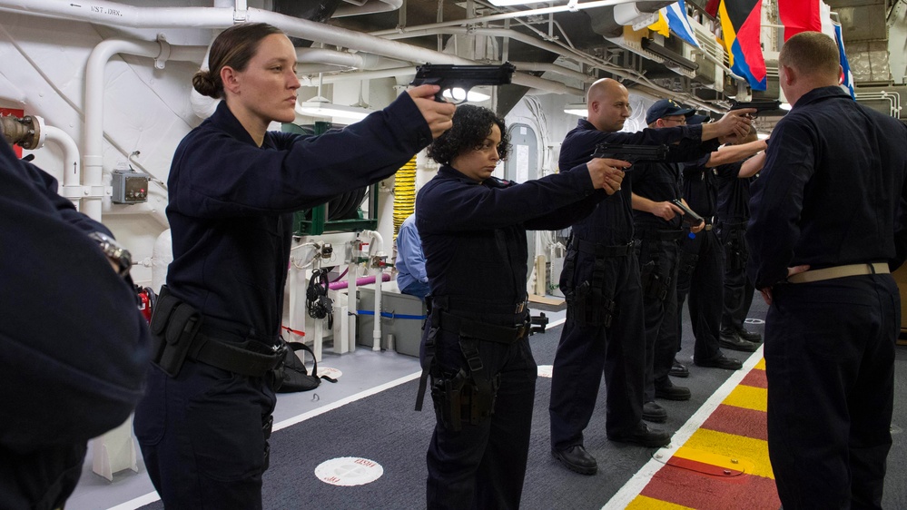 USS Zumwalt Sailors participate in small arms training