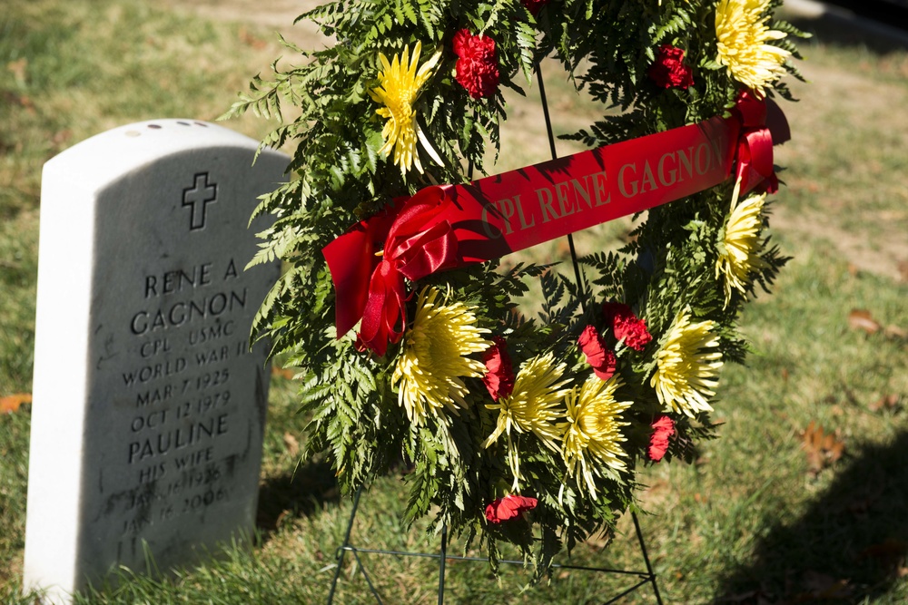 U.S. Marines place wreaths for the 241st Marine Corps Birthday in Arlington National Cemetery