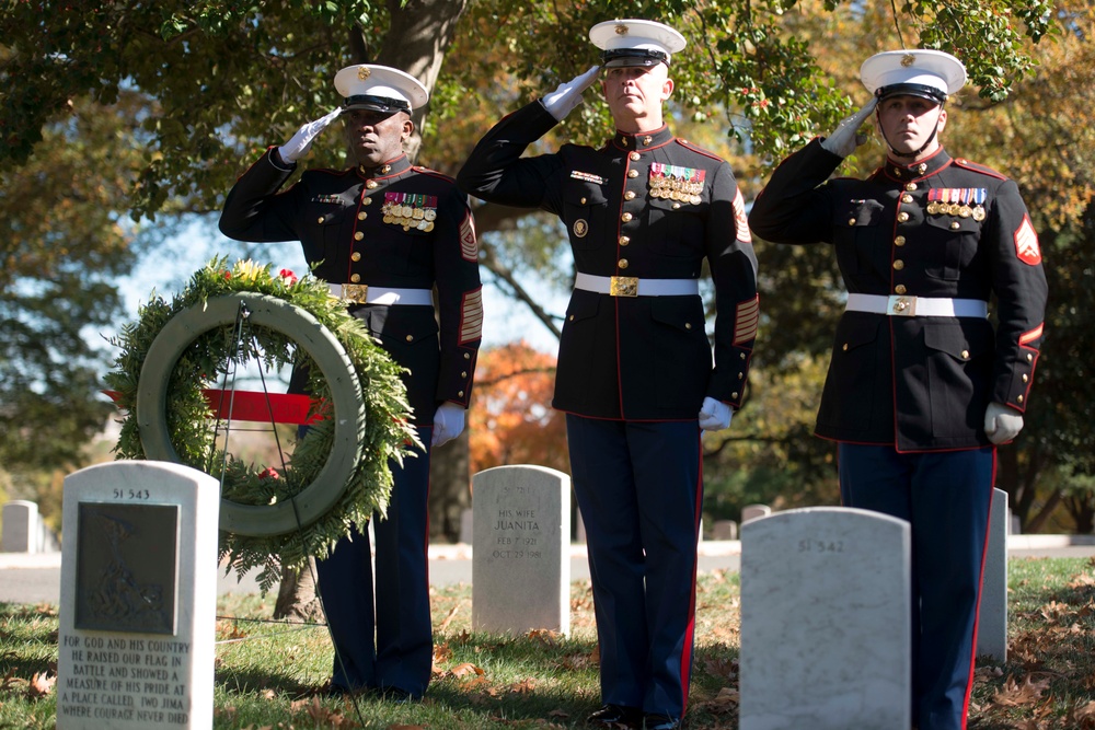 U.S. Marines place wreaths for the 241st Marine Corps Birthday in Arlington National Cemetery