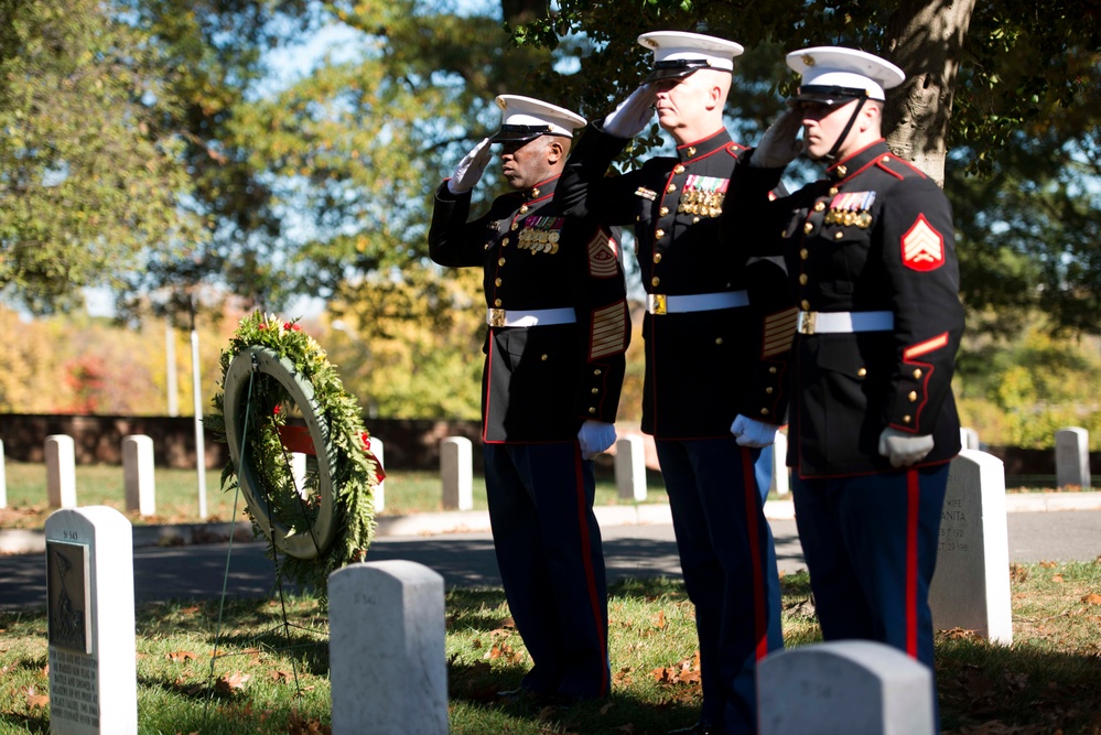 U.S. Marines place wreaths for the 241st Marine Corps Birthday in Arlington National Cemetery