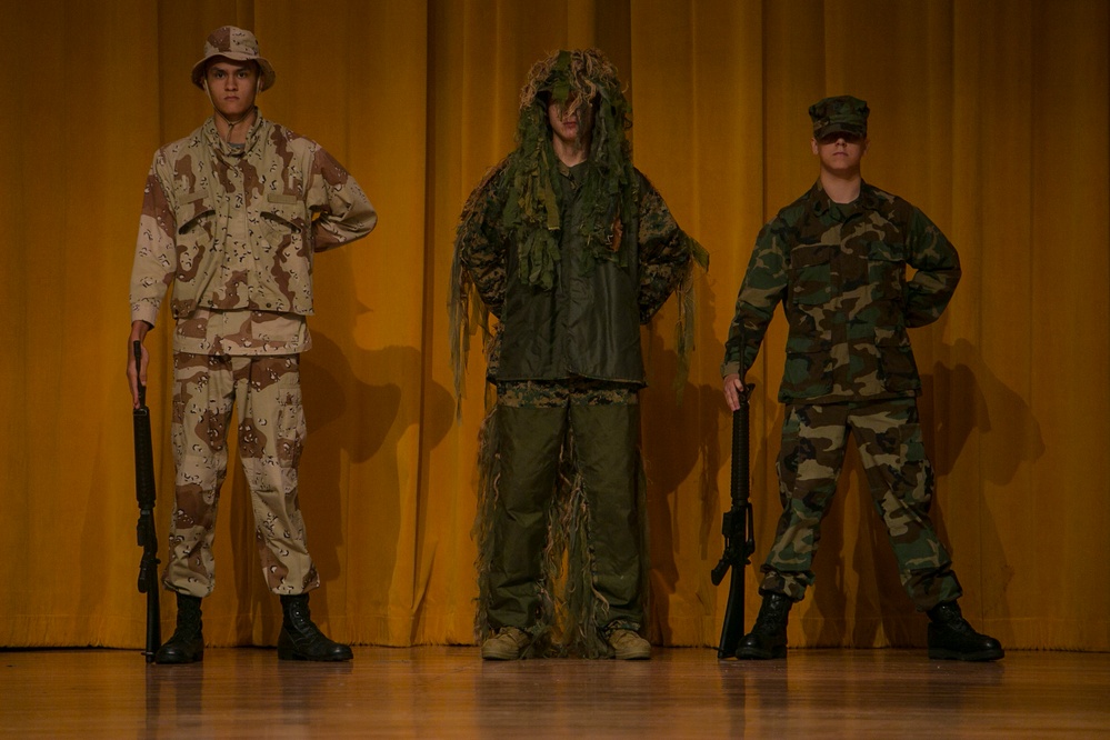 Kubasaki High School Junior Reserve Officer Training Corps cadets participate in Marine Corps uniform pageant