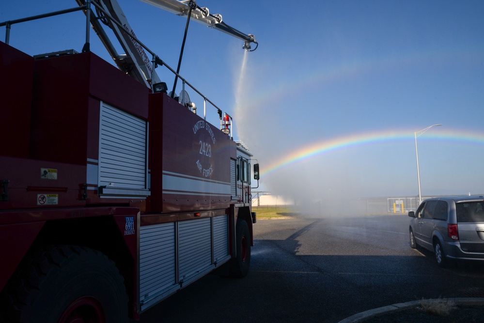 Air National Guard base tour group views a double rainbow